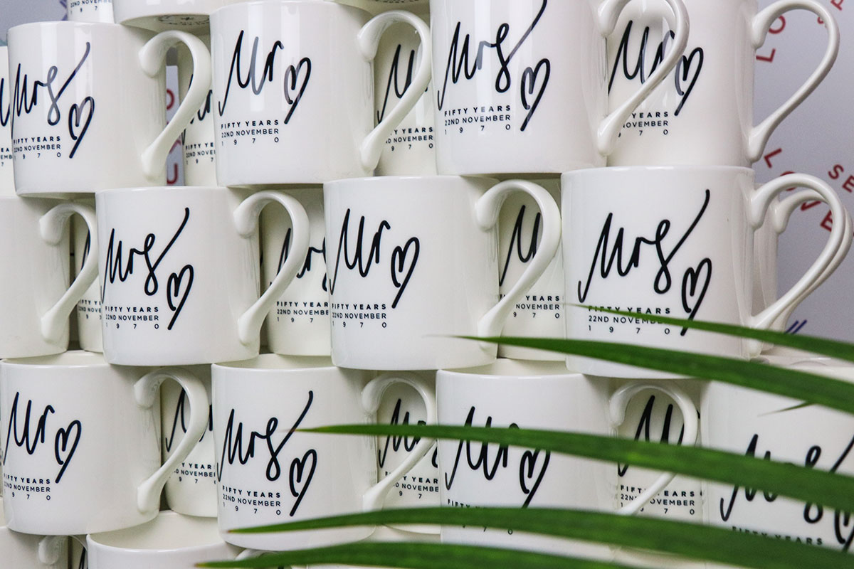 Mr & Mrs personalised 50th anniversary bone china mugs