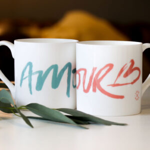 Amour hand drawn brush stroke design on bone china mug